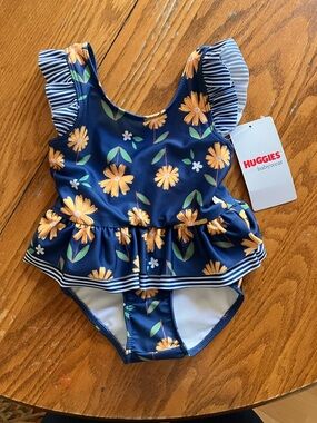 Huggies Navy Floral Ruffle Peplum One-Piece Swim for Kids